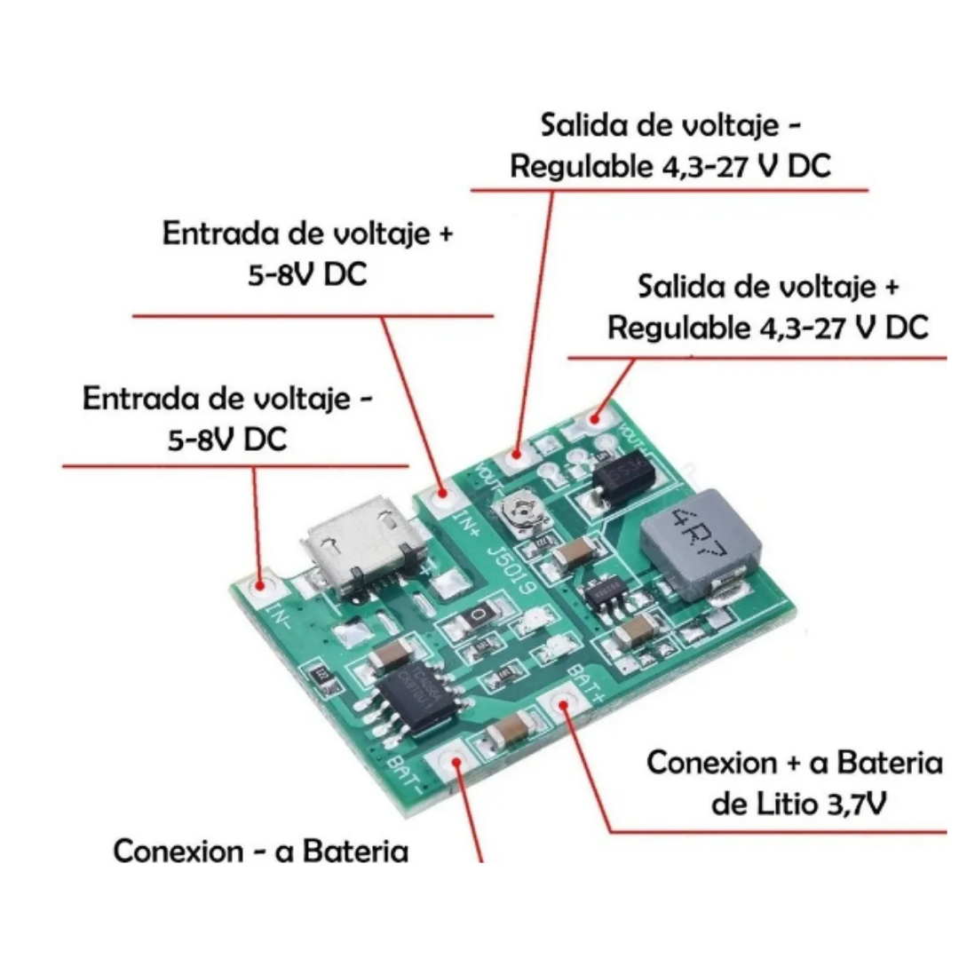Cargador de Baterías de Litio J5019 Elevador Step up